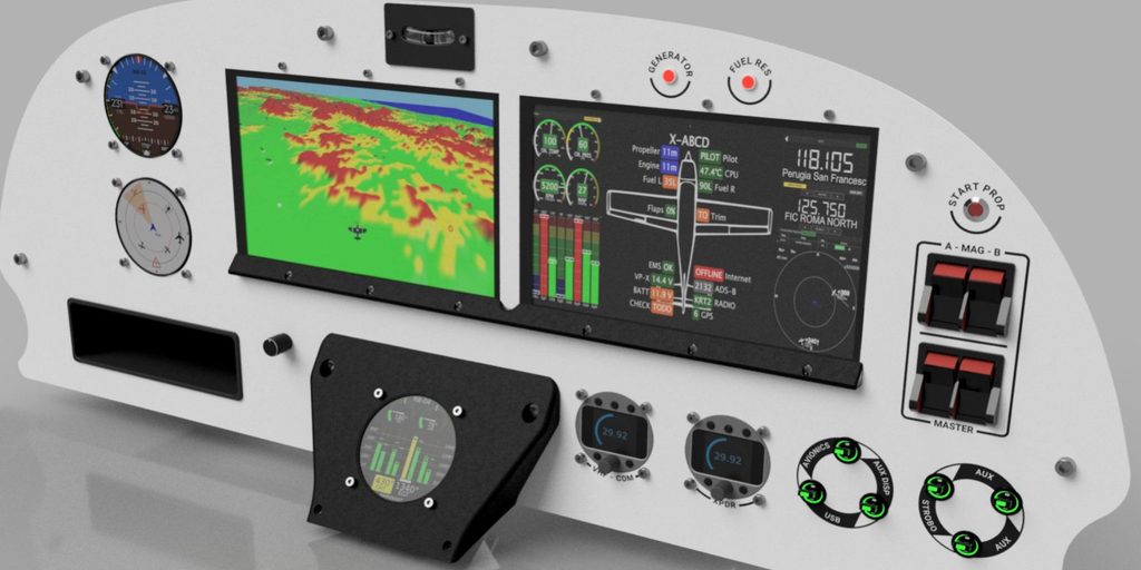 RB-Avionics instrument panel with synthetic vision and engine monitoring displays