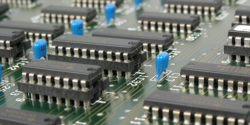 Close-up of integrated circuits on a circuit board